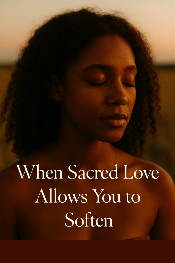 A woman in a flowing robe sits in serene stillness near a body of water, bathed in evening light, embodying the calm and surrender that sacred love invites when it finally feels safe to soften.