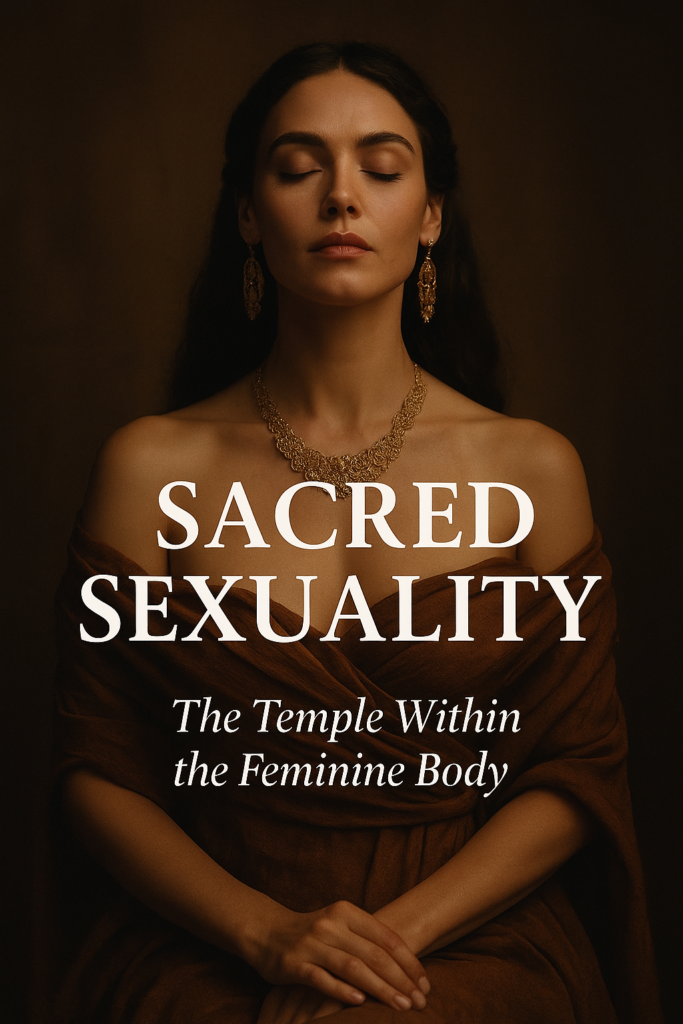 A portrait of a serene woman with long, wavy hair and closed eyes, bathed in natural light, conveying softness and introspection. Overlaid text reads “Sacred Sexuality: A Transmission of the Archetypal Feminine.” The image evokes themes of feminine embodiment, spiritual sensuality, and inner sanctity.