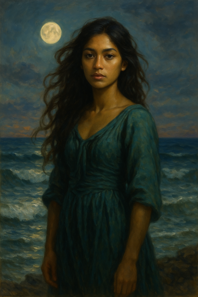 A mystical painting of the Sea Witch, one of the 12 Witch Archetypes, portraying a deep, emotional figure emerging from ocean waves with an otherworldly aura, embodying the power of water, intuition, and grief.