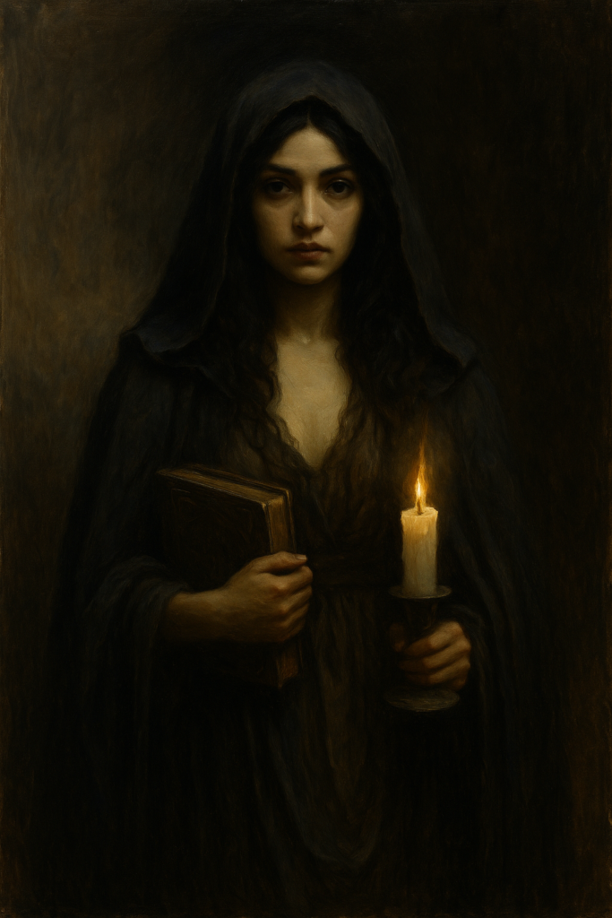 A moody, symbolic oil painting portraying the Shadow Witch, one of the 12 Witch Archetypes. She stands partly in shadow, with intense eyes and dark flowing garments, embodying emotional depth, fierce truth-telling, and the sacred power of the unseen.