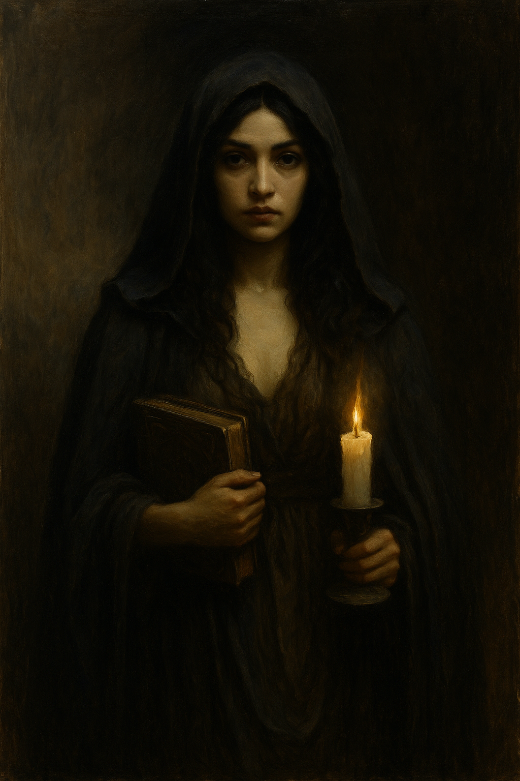 A mystical woman stands in a moonlit forest, cloaked in dark green robes, holding a glowing candle at her heart. Her expression is calm yet powerful, framed by wild, wavy hair. Behind her, a crescent moon hangs low in a starry sky, flanked by owls, a stag, and a dreamcatcher—symbols of intuition, protection, and ancestral memory. She embodies the Shadow Witch archetype: fierce, truthful, and unafraid to walk in the dark.
