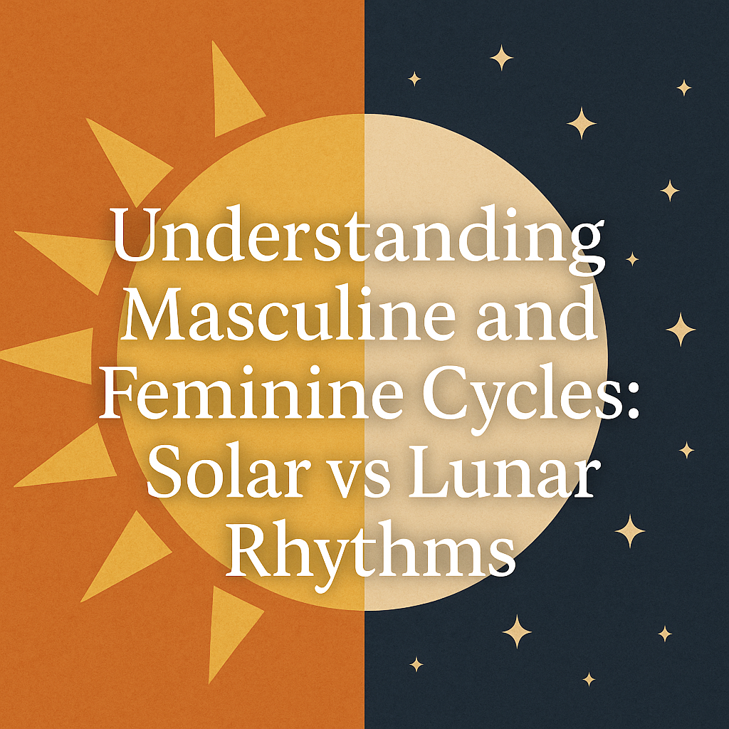 Graphic design split into solar and lunar halves with the title 'Understanding Masculine and Feminine Cycles: Solar vs Lunar Rhythms' overlayed in white serif font. The left side features a golden sunburst, the right side a navy sky with stars and a moon