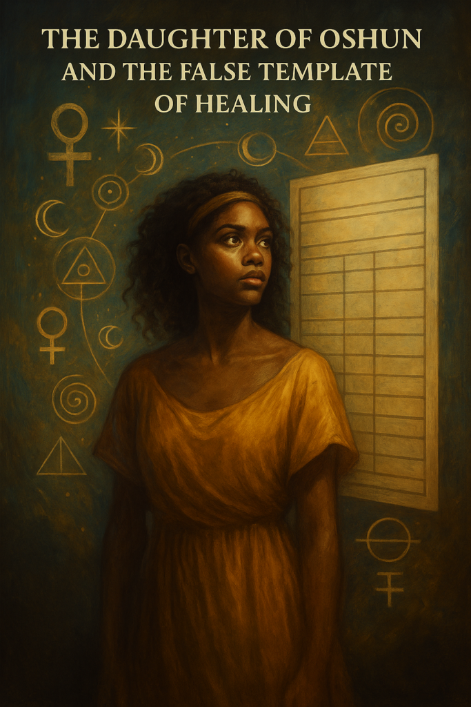 A digital painting portraying the Daughter of Oshun standing at a symbolic crossroads, surrounded by spiritual tools and ancestral symbols. She appears torn between two paths — one representing structured, performative healing, and the other a softer spiral inward. The image visually contrasts rigid spiritual striving with feminine descent, evoking the tension between external validation and embodied truth.