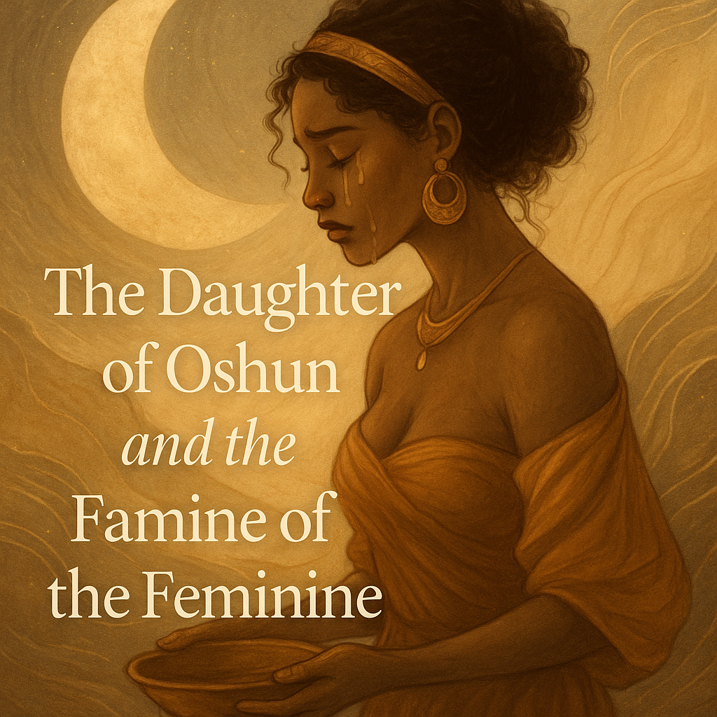 A mystical digital artwork portraying the Daughter of Oshun in a barren yet golden landscape, dressed in flowing robes and holding an empty ceremonial bowl. Her presence embodies both radiance and longing, symbolising the famine of the feminine when the sacred is poured into places that cannot hold it. The image visually tells the story of unmet longing and the spiritual hunger that lives within the Daughter of Oshun