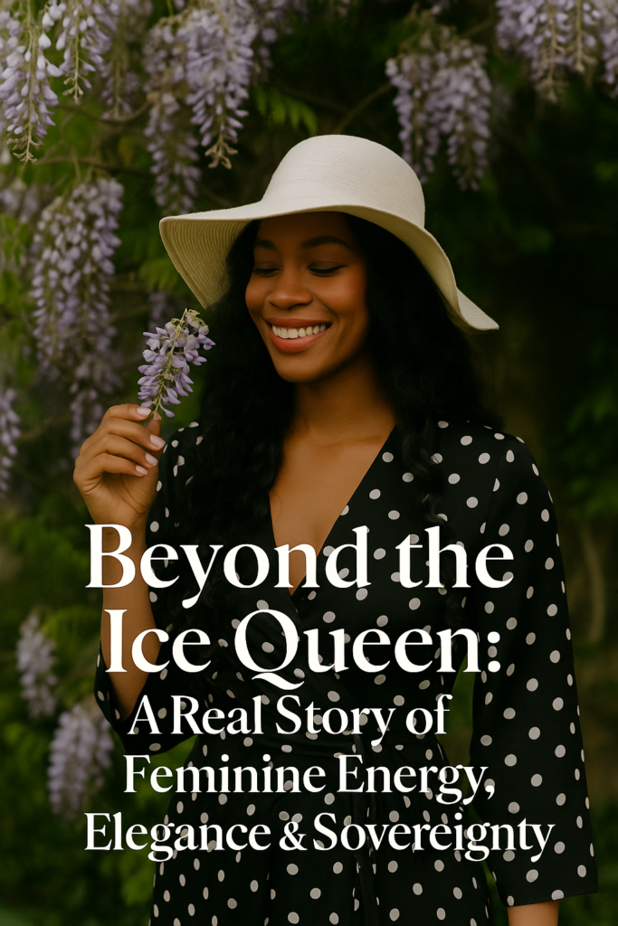 A stylized photo of a graceful woman in soft light, surrounded by flowing lavender fabric and golden glow, with text overlay reading “Beyond the Ice Queen: A Real Story of Feminine Energy, Elegance & Sovereignty.”