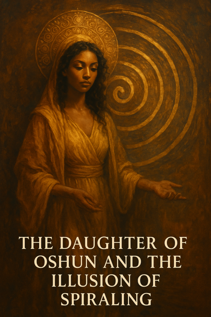 A mystical digital painting illustrating the Daughter of Oshun lost in a labyrinthine spiral of golden thread. She stands at the center, looking outward with yearning, as cosmic symbols and sacred geometry swirl around her. The image symbolizes the illusion of progress on the spiritual path, portraying how the Daughter of Oshun may appear to be spiraling deeper but is actually looping in familiar emotional patterns.