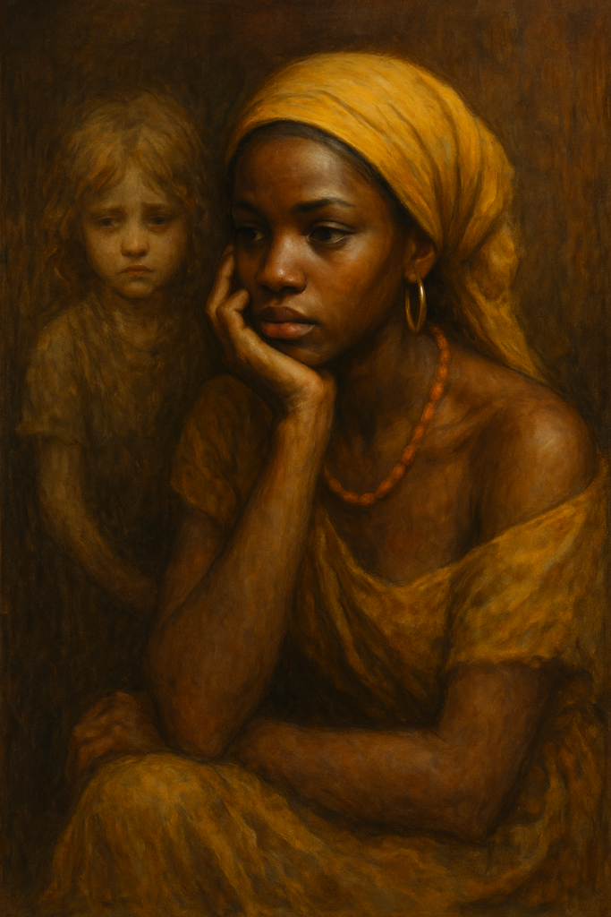 A traditional oil or pastel-style painting depicting a young girl sitting alone in a sacred grove, bathed in soft golden light. The scene visually represents the Wounded Orphan within the Daughter of Oshun — symbolizing abandonment, longing, and the search for safety and belonging. A subtle Oshun motif (such as a river or honey pot) is included to gently reference her spiritual lineage.