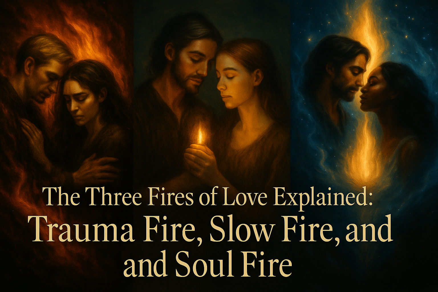 Triptych painting of three couples symbolizing the archetypal fires of love: trauma fire in chaos, slow fire in steadiness, and soul fire in luminous sacred union.