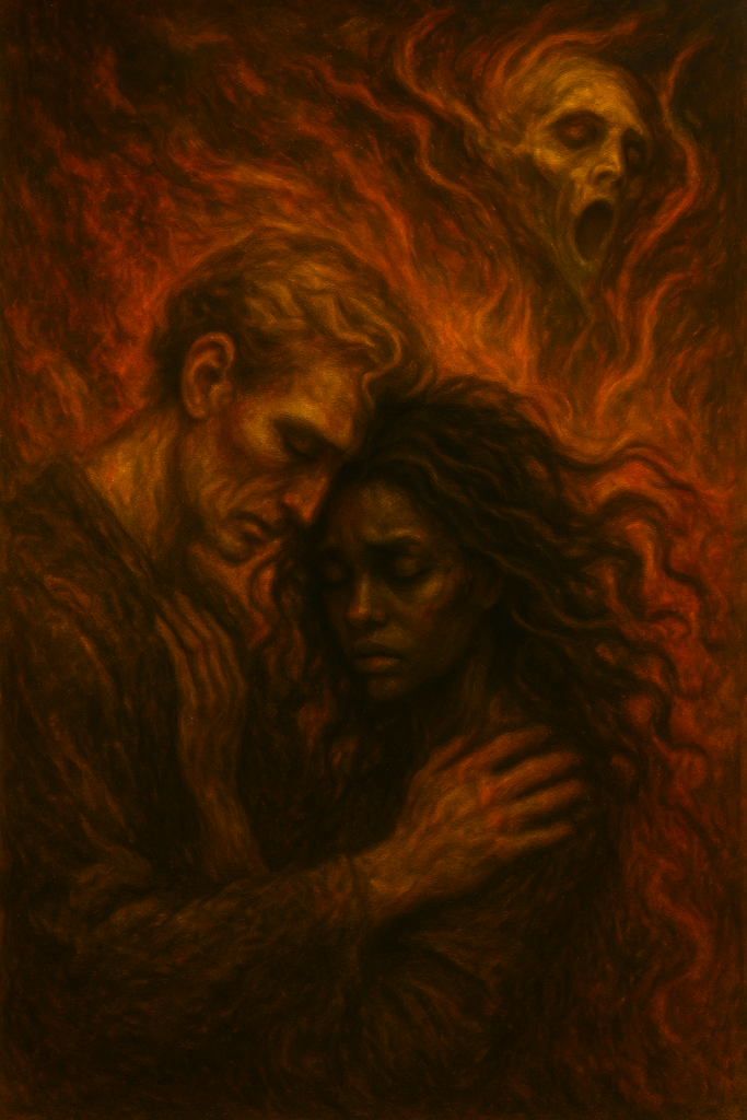 Surreal mystical painting of a Black woman and a white man in an intimate embrace, surrounded by shadowy flames symbolizing trauma fire and the search for healing, with undertones of transformation toward soul fire love.
