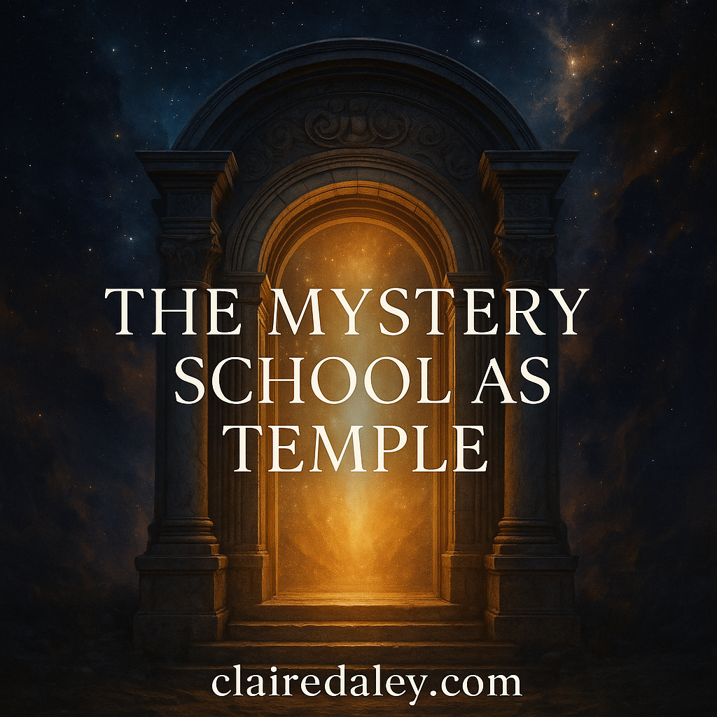 Feature image for blog post “The Chambers of the Modern Mystery School.” An ornate stone archway glows with golden light, framed by tall columns, leading into a cosmic night sky filled with stars and nebulae. Text overlay displays the title with footer “clairedaley.com.”