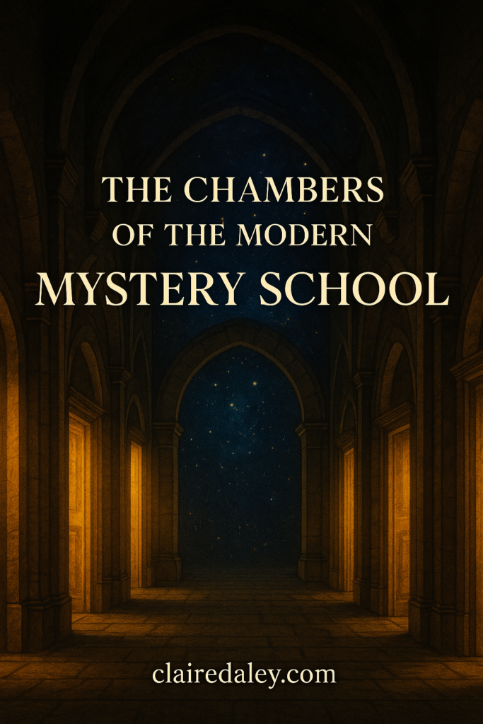 Feature image for blog post “The Chambers of the Modern Mystery School.” A mystical stone corridor stretches forward, lined with multiple glowing golden doorways. At the far end, a radiant archway opens into a starry cosmic sky. Elegant serif text overlays the title, with footer “clairedaley.com.”

