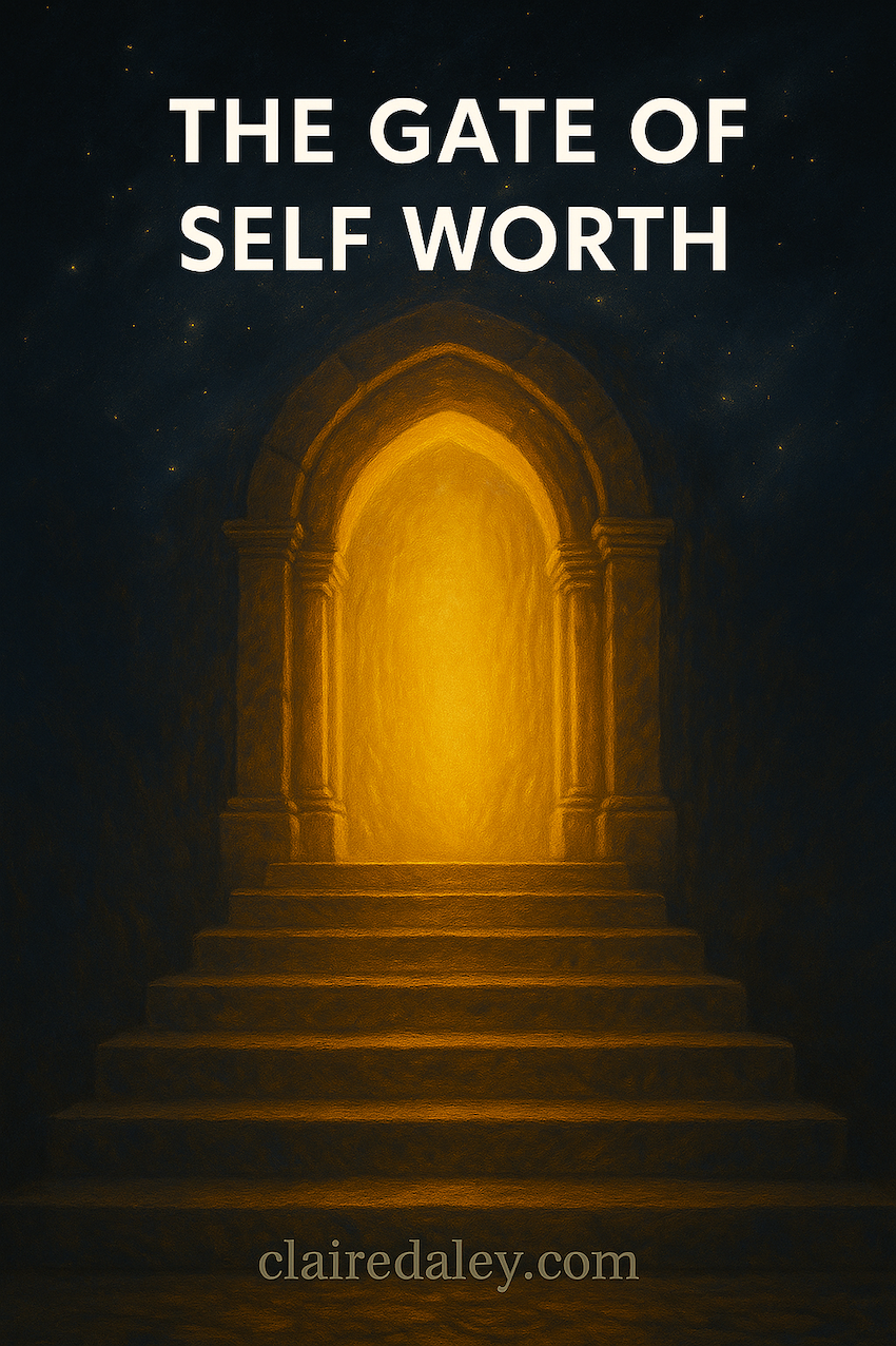 Feature image for blog post “The Gate of Self Worth.” A short stone staircase leads up to a glowing golden doorway set in an ancient temple wall. Radiant light spills outward into a starry night sky. Elegant serif text overlay reads “The Gate of Self Worth” with footer “clairedaley.com.”