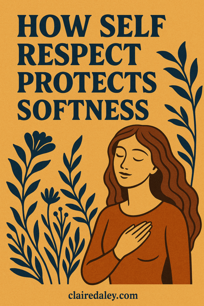 Illustrated graphic with bold navy text reading “How Self Respect Protects Softness” on an ochre background. A serene woman with long flowing hair holds one hand over her heart, surrounded by stylized navy botanical motifs. Footer text reads “clairedaley.com.”