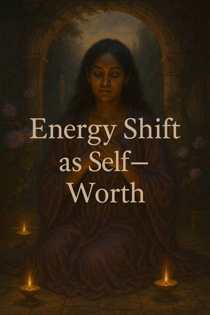 Mystical painting of a non-white feminine figure surrounded by glowing seasonal symbols in a temple-like setting, representing energy shift as self-worth.