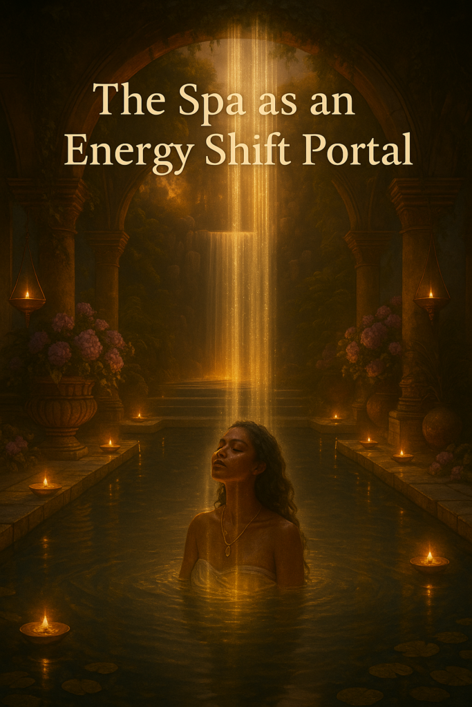 Mystical spa sanctuary with glowing golden pools, floating candles, and light descending like a portal, symbolizing the spa as an energy shift into softness and repair.
