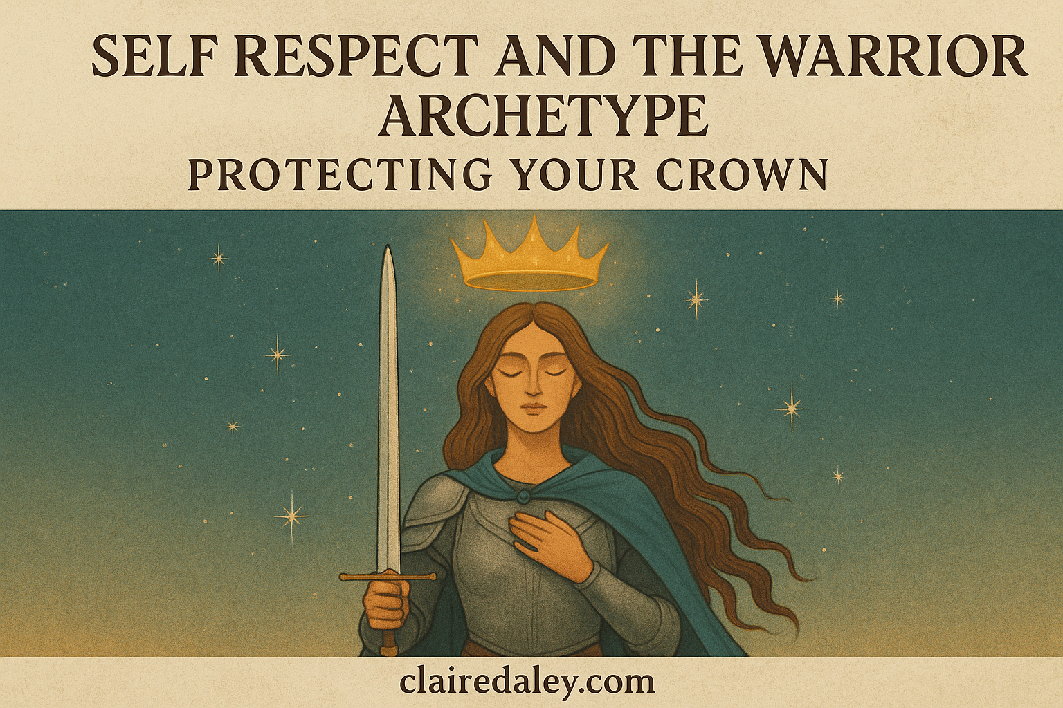 WordPress feature image showing a mystical warrior woman in armor with flowing hair, holding a sword upright. A glowing golden crown hovers above her head against a starry sky. Text overlay reads “Self Respect and the Warrior Archetype: Protecting Your Crown,” with footer “clairedaley.com.”