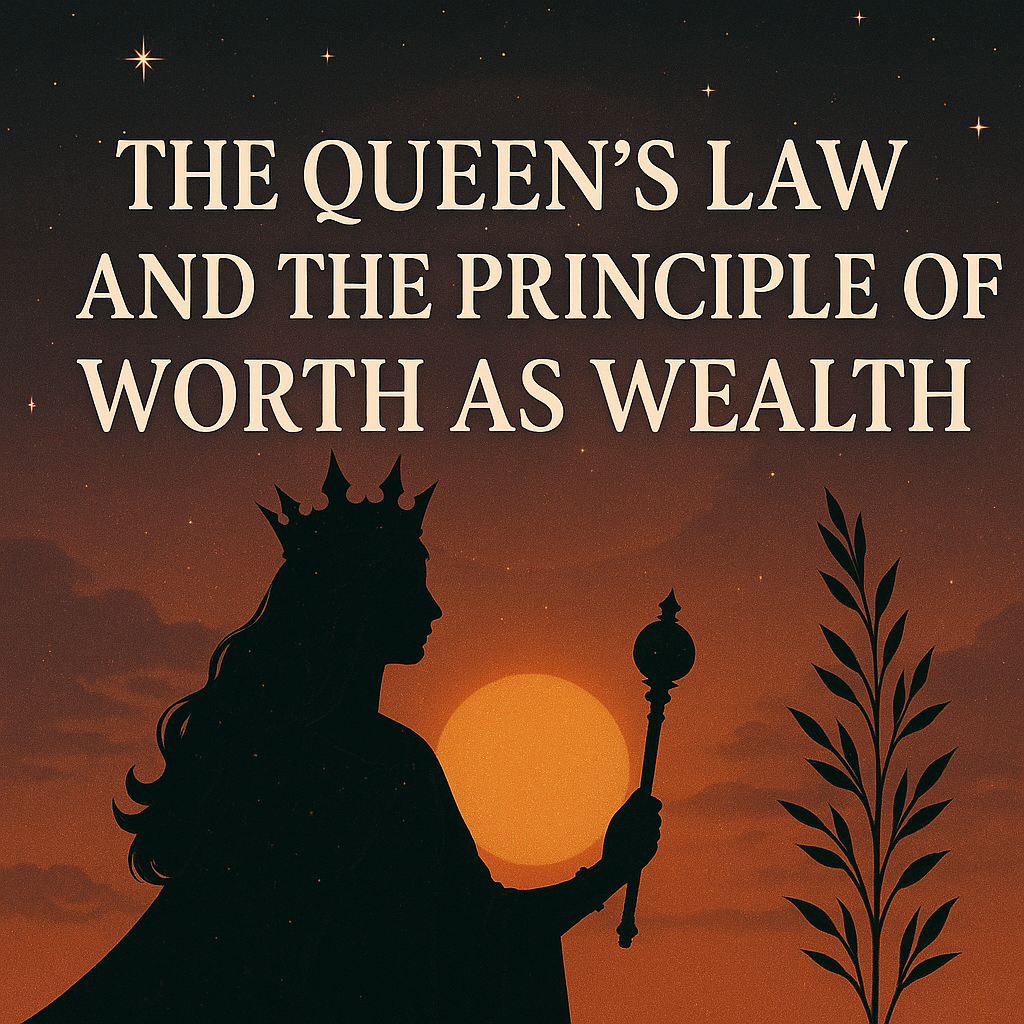 Digital illustration of a regal feminine figure crowned in golden light, symbolising sovereignty and inner power. The overlaid text reads ‘The Queen’s Law and the Principle of Worth as Wealth,’ representing feminine authority, refinement, and divine alignment with abundance.