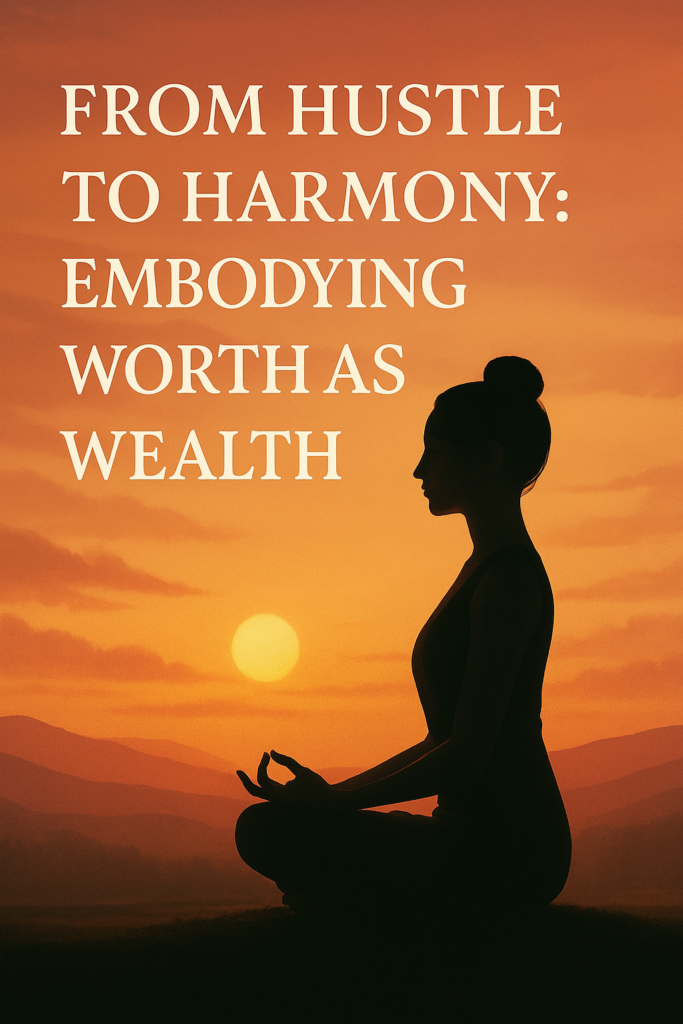 Digital illustration of a woman meditating at sunrise, surrounded by warm orange and golden light. The text overlay reads ‘From Hustle to Harmony: Embodying Worth as Wealth,’ symbolising inner peace, alignment, and the feminine journey from striving to serenity.