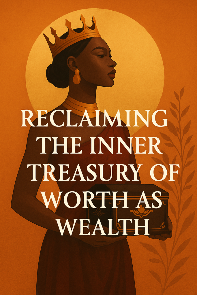 Digital illustration of a poised woman wearing a golden crown and deep burgundy gown, holding an ornate chest against a glowing golden background. The text overlay reads ‘Reclaiming the Inner Treasury of Worth as Wealth,’ symbolising sovereignty, sacred abundance, and the reclamation of inner power.
