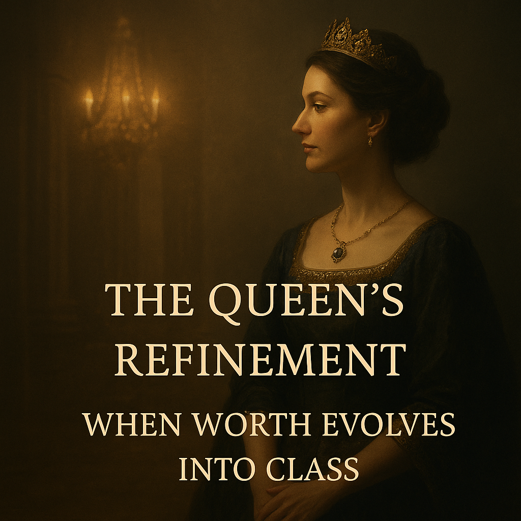 A regal woman wearing a golden crown and deep navy gown stands in soft candlelight within a grand chamber, symbolising grace and transformation. Text overlay reads, “The Queen’s Refinement: When Worth Evolves into Class