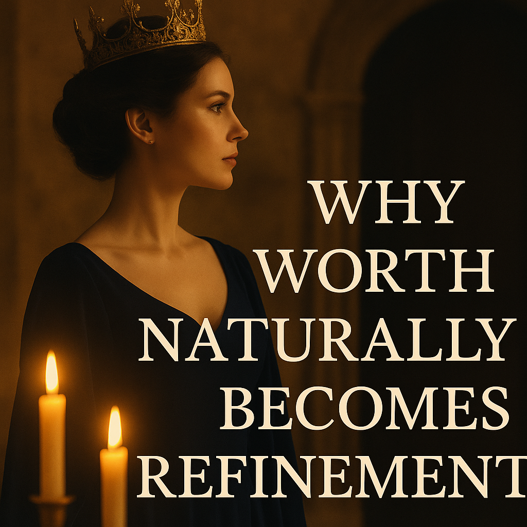 A regal woman wearing a deep blue velvet gown and golden crown stands beside two candles, her profile illuminated by warm light. Text overlay reads, “Why Worth Naturally Becomes Refinement.
