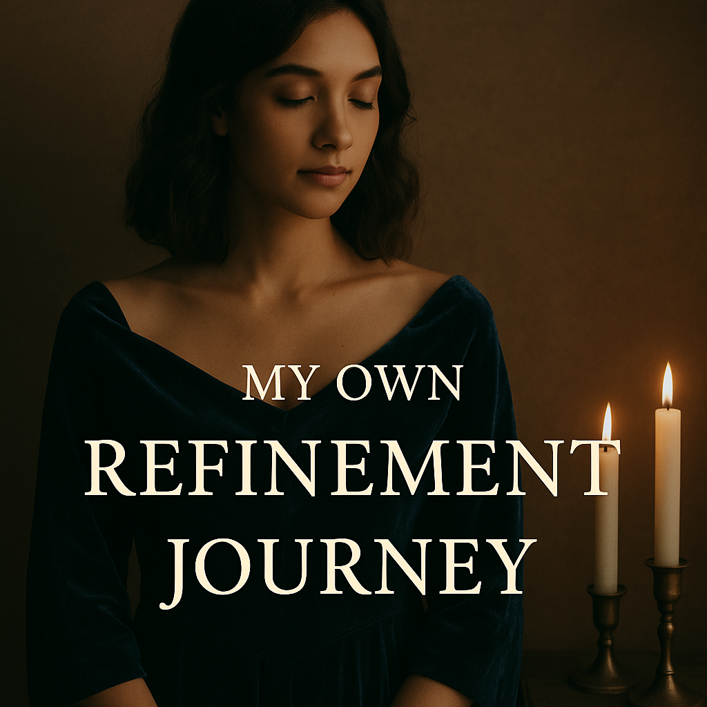 A softly lit woman in a navy velvet gown stands beside two candles, her eyes closed in quiet reflection. The image is warm and serene, with text overlay reading, “My Own Refinement Journey