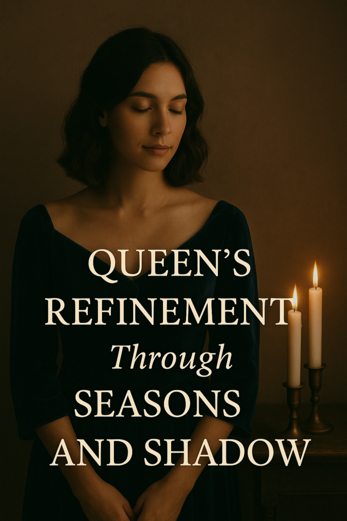 A serene woman in a navy velvet gown stands beside two lit candles, eyes closed in peaceful reflection. Text overlay reads, “Queen’s Refinement Through Seasons and Shadow