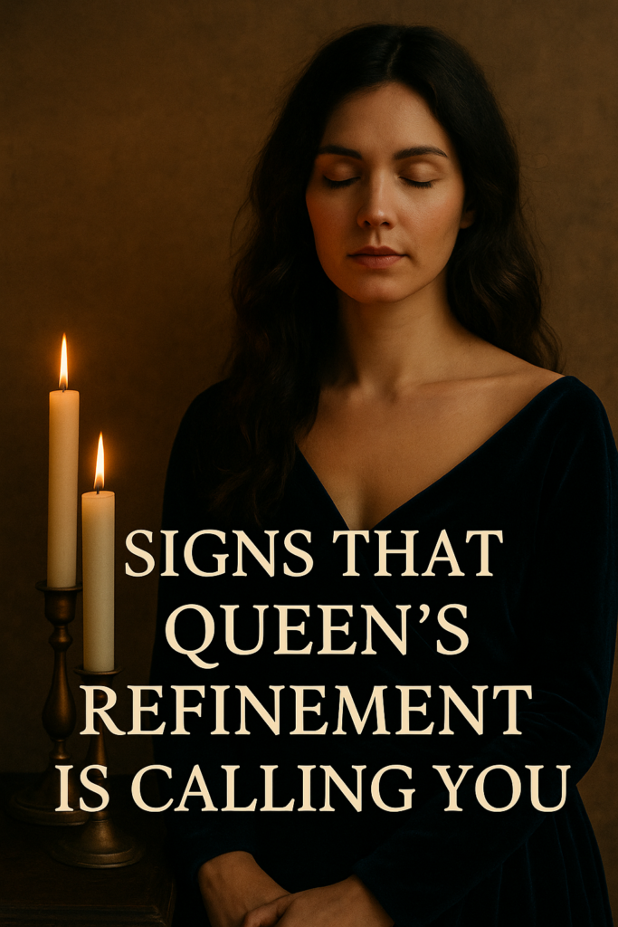 A serene woman with long wavy hair and closed eyes stands beside two candles, softly illuminated by warm light. Text overlay reads, “Signs That Queen’s Refinement Is Calling You