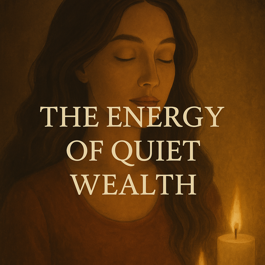 A softly lit woman with long hair and closed eyes holds a candle glowing beside her face, bathed in warm golden light. Text overlay reads, “The Energy of Quiet Wealth