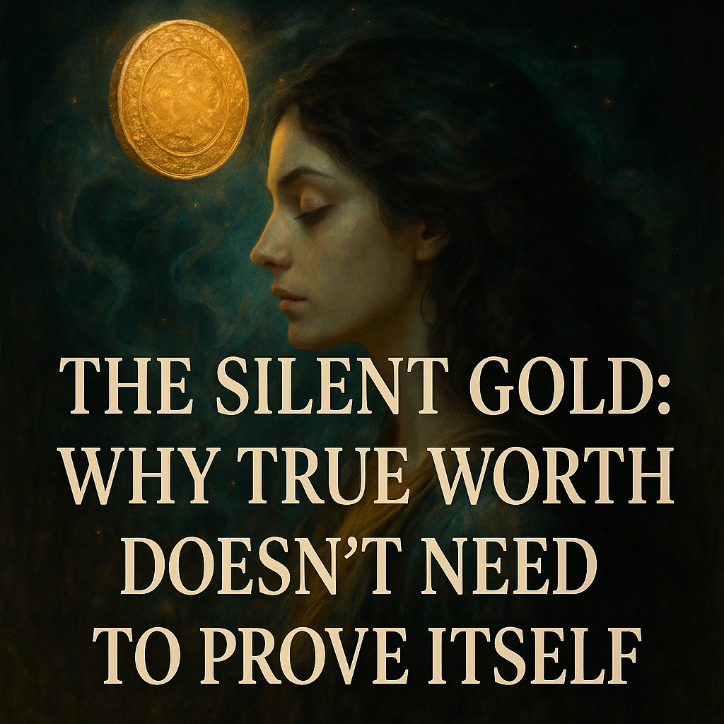 A mystical digital painting of a serene woman in profile, bathed in soft golden light beneath a glowing ancient coin. The background features swirling deep blue and emerald mist, creating an ethereal atmosphere. Overlaid text reads: “The Silent Gold: Why True Worth Doesn’t Need to Prove Itself.”