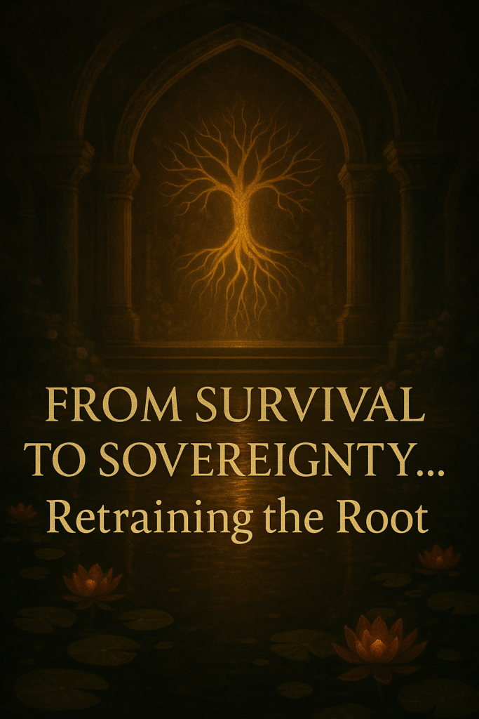 A mystical digital artwork depicting a golden tree of life with glowing roots inside an ancient temple. The tree’s roots extend into calm reflective water surrounded by lotus flowers, symbolising the journey from survival to sovereignty and the retraining of the root chakra through somatic manifestation.