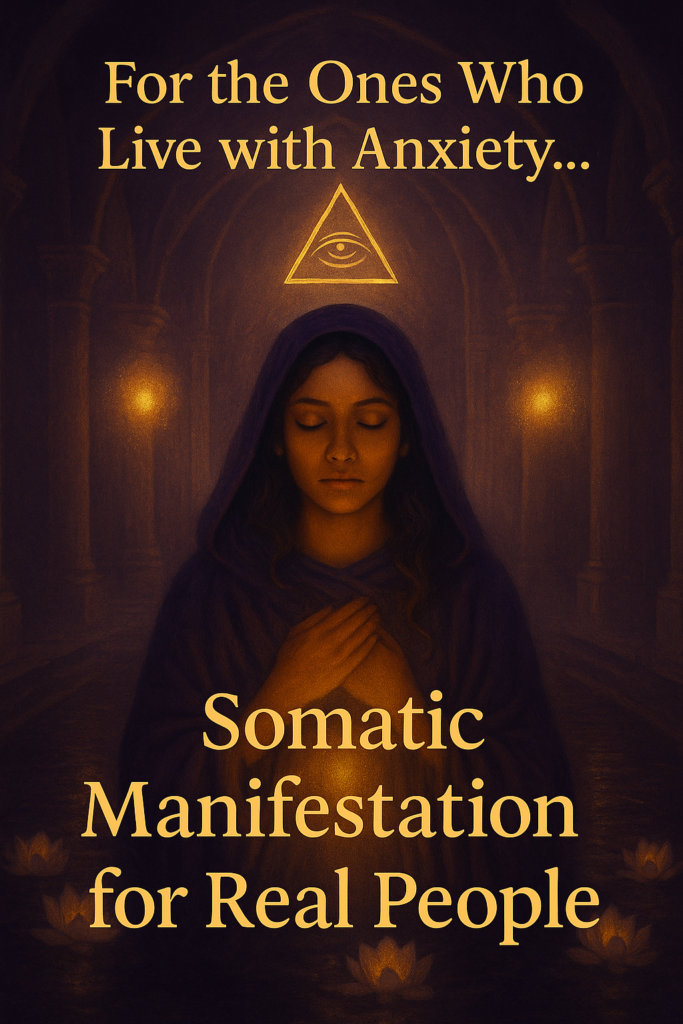 A mystical digital artwork showing a woman in a deep purple cloak standing in an ancient temple illuminated by golden light. She holds her hands over her heart, radiating calm energy, symbolising nervous system healing, somatic manifestation, and serenity for those living with anxiety.