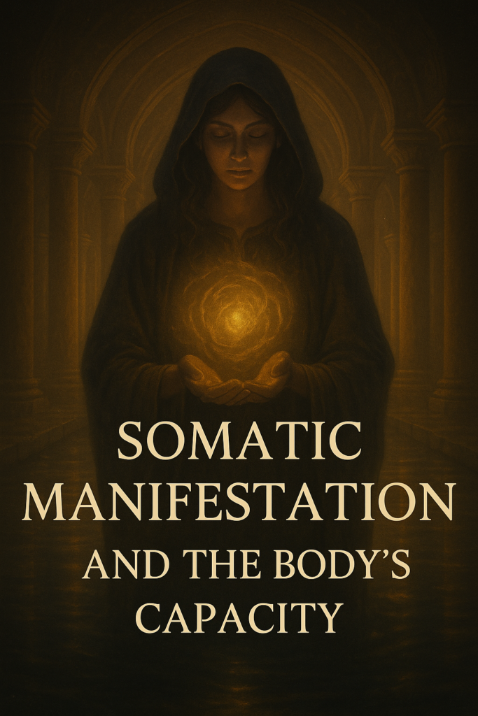 A mystical digital painting of a woman in a dark hooded cloak holding a glowing orb of golden light at her chest. She stands in an ancient temple with illuminated arches, symbolising somatic manifestation, nervous system regulation, and the body’s sacred capacity to hold divine energy.