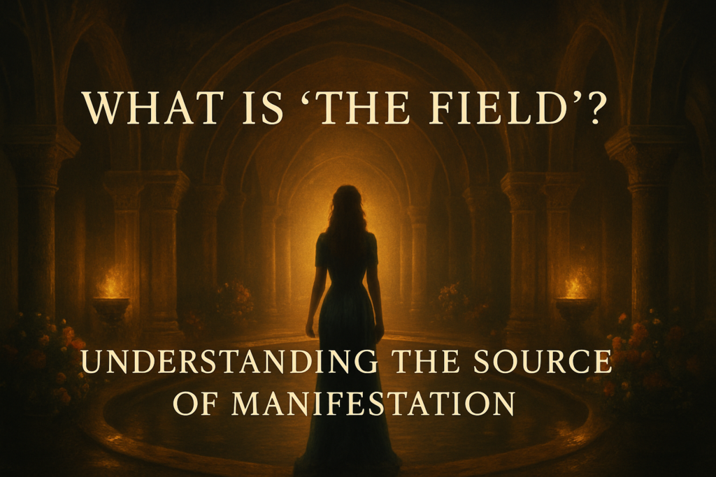 A mystical digital painting of a golden-lit temple surrounded by soft flowing energy. The title “What Is The Field... Understanding the Living Intelligence Behind Manifestation” appears in elegant serif font. Light streams upward like waves of consciousness, symbolising divine intelligence, somatic manifestation, and the living energy that responds to inner coherence.