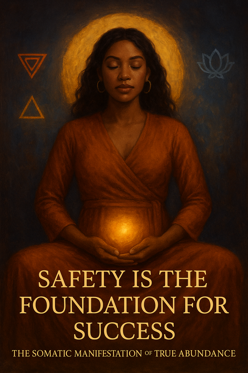 A serene digital painting of a woman sitting in calm reflection near water, surrounded by soft golden light and gentle earth tones. The scene evokes peace, safety, and grounded abundance, symbolising nervous system regulation, somatic manifestation, and the beauty of inner stability.