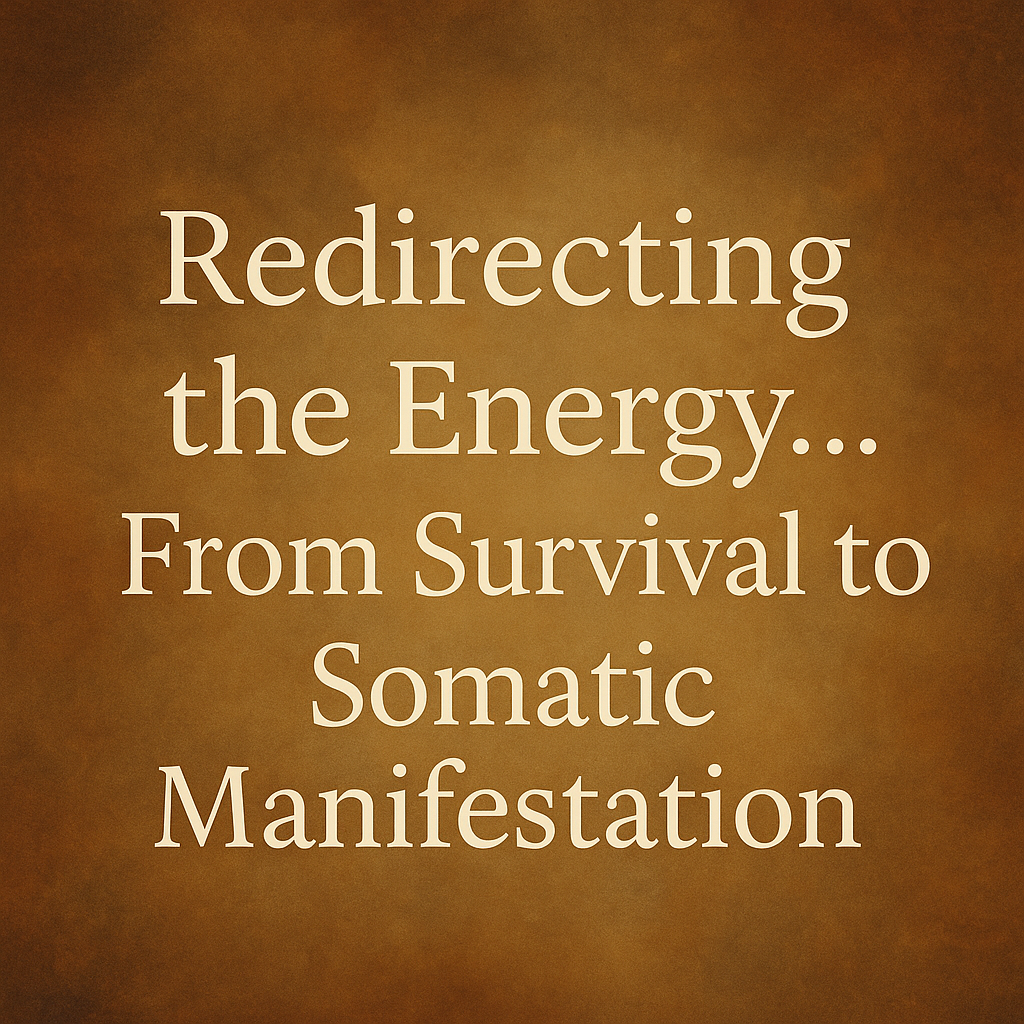 A symbolic digital artwork showing energy transforming from tension to flow, represented by warm golden light rising through a calm, grounded female figure. The image conveys nervous system regulation, the shift from survival to somatic manifestation, and the embodiment of safety and expansion.