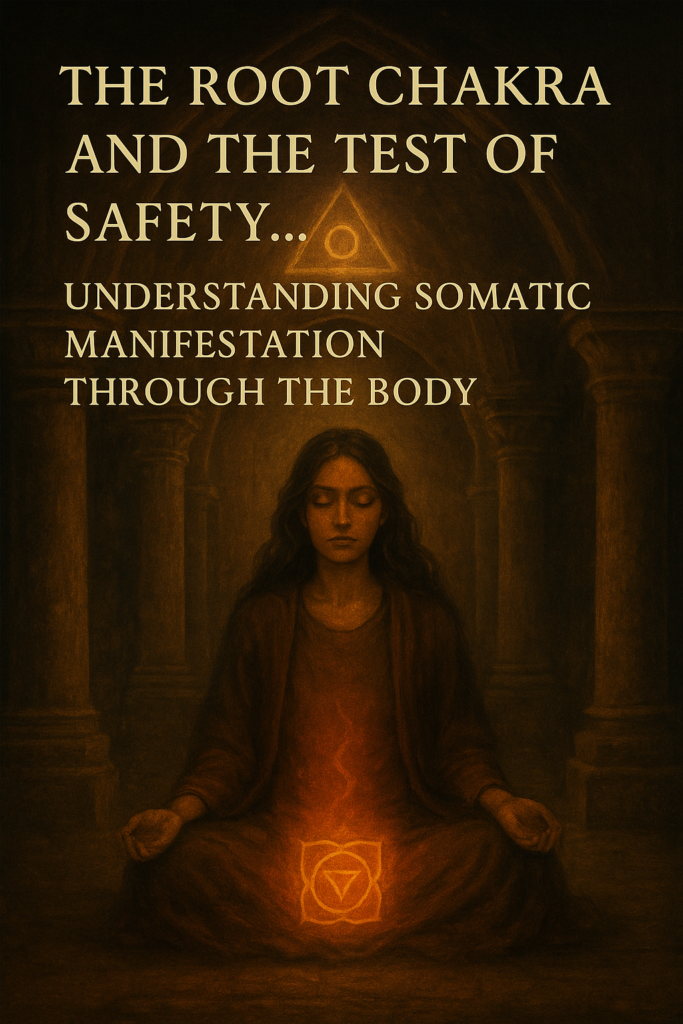 A mystical digital painting depicting a glowing red root chakra within a temple-like setting. The artwork features sacred symbols, golden light, and grounded earthen tones, symbolising the Mystery School’s teachings on safety, stability, and somatic manifestation through the body.
