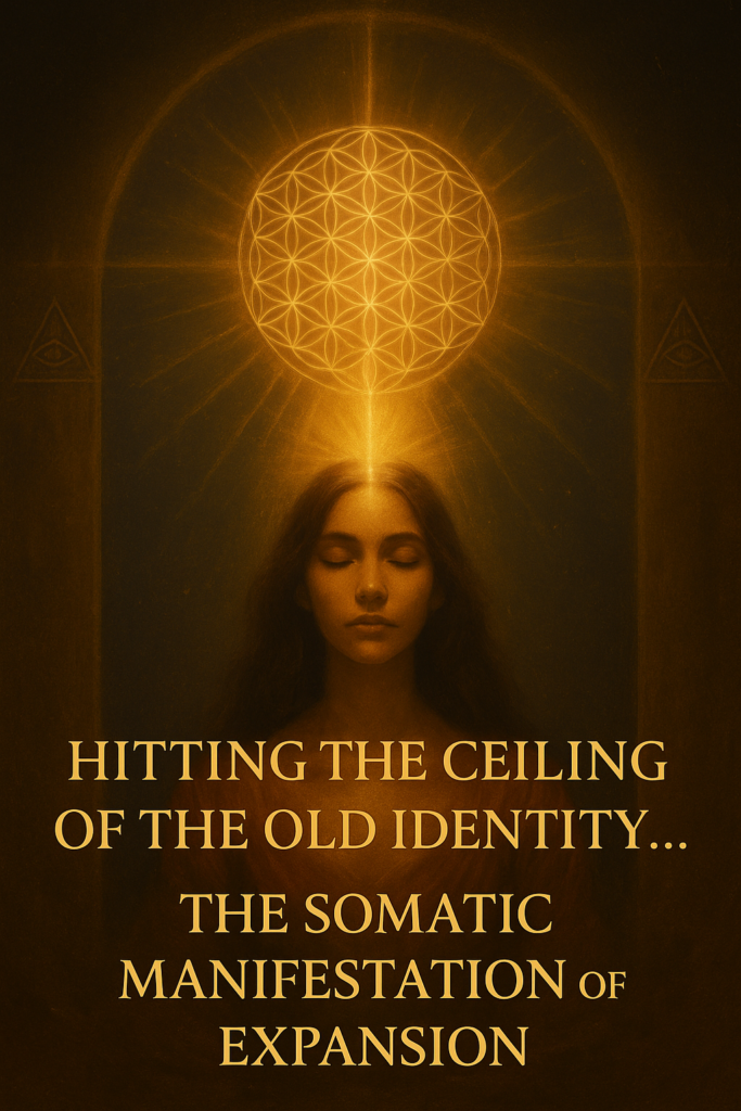 A mystical digital painting showing a woman ascending toward a radiant golden ceiling within a temple chamber. The artwork symbolises spiritual expansion, the breaking of old energetic limits, and the somatic manifestation of growth through the Mystery School path.