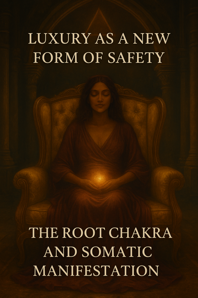 A luxurious, mystical digital painting depicting a serene woman seated in meditation within a softly illuminated temple. Warm golden and red hues evoke the root chakra, symbolising how safety, beauty, and refinement become new forms of grounding through somatic manifestation.
