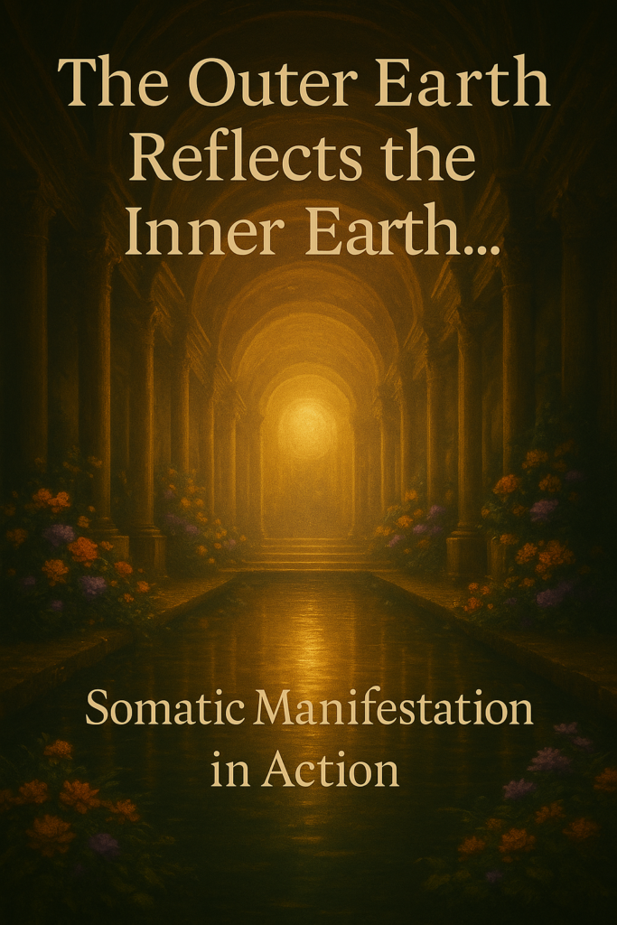 A mystical digital painting of an ancient golden temple with arched hallways, reflective water, and blooming flowers. Light glows at the far end, symbolising harmony between inner and outer worlds, representing the Mystery School theme of somatic manifestation in action.