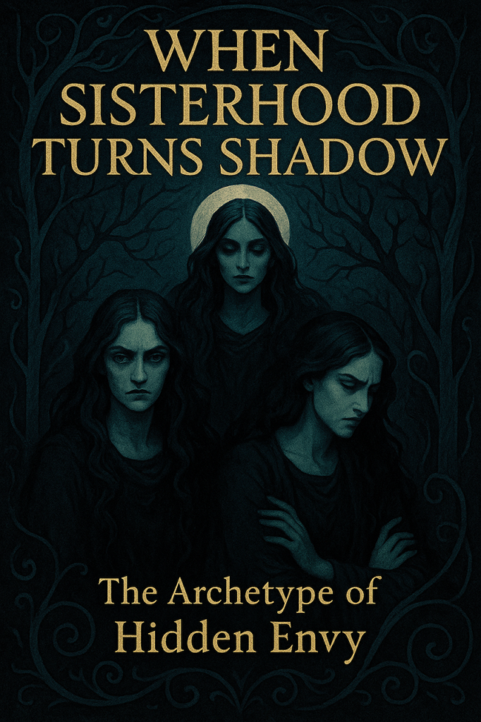 A mystical illustration depicting three women beneath a moonlit forest canopy. The central woman has a faint halo around her head, symbolising awareness and light amidst shadow, while the two beside her display subtle tension and envy. The palette features deep midnight blues, teals, and golds, evoking mystery, archetypal depth, and hidden emotional undercurrents.