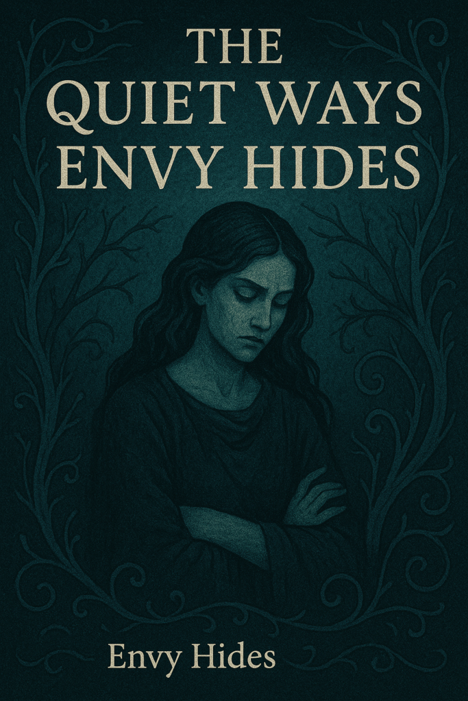 A mystical digital illustration depicting the Shadow Sister archetype, a solemn woman cloaked in deep teal, her eyes cast down in quiet introspection beneath swirling, vine-like branches and soft moonlight. The palette of midnight blue and shadowed gold evokes secrecy, emotional depth, and the hidden undercurrents of envy within sisterhood.