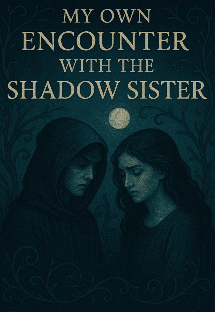 A mystical digital illustration depicting the Shadow Sister archetype, showing two women beneath a glowing moon in a twilight forest. One wears a dark hood and looks down solemnly, symbolising shadow and secrecy, while the other faces her with quiet compassion and reflection. The swirling vines around them evoke the hidden entanglement of envy, projection, and mirrored healing within sisterhood.