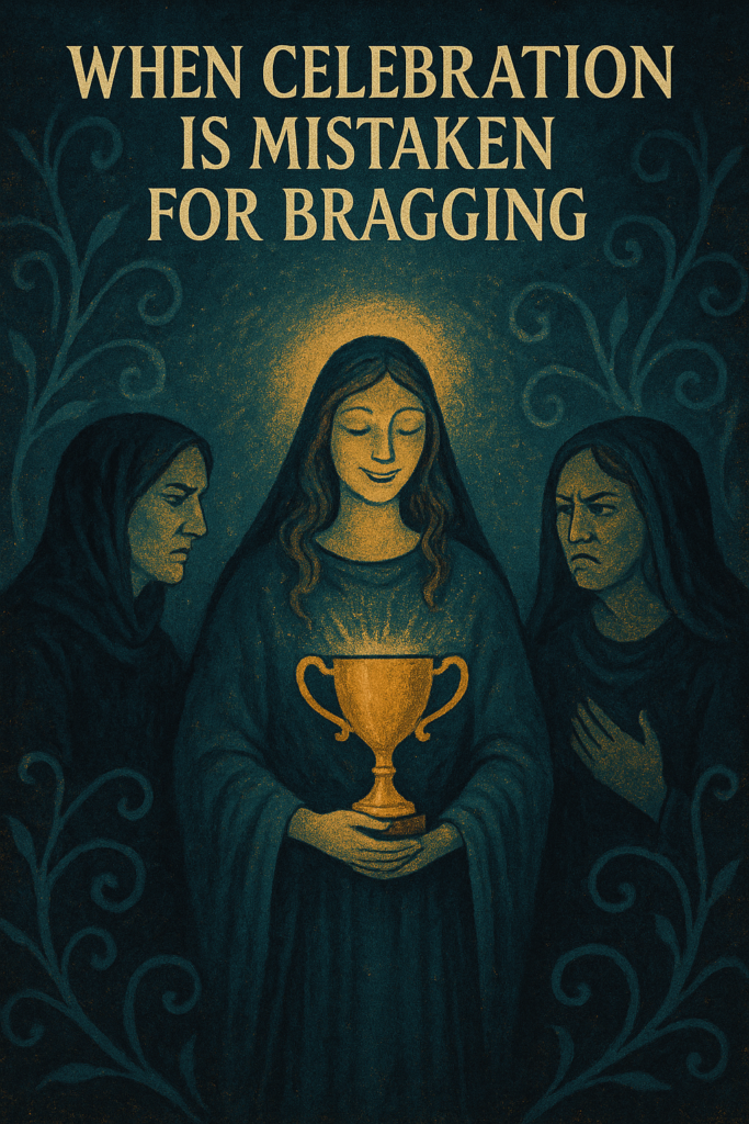 A mystical digital illustration portraying the Shadow Sister archetype through the theme When Celebration Is Mistaken for Bragging. At the center, a serene woman in a deep teal cloak holds a glowing golden chalice, her face radiant with joy and grace. On either side, two shadowed figures look on with envy and judgment beneath swirling vine patterns. The palette of midnight blue, teal, and gold evokes sacred triumph misunderstood by wounded eyes.