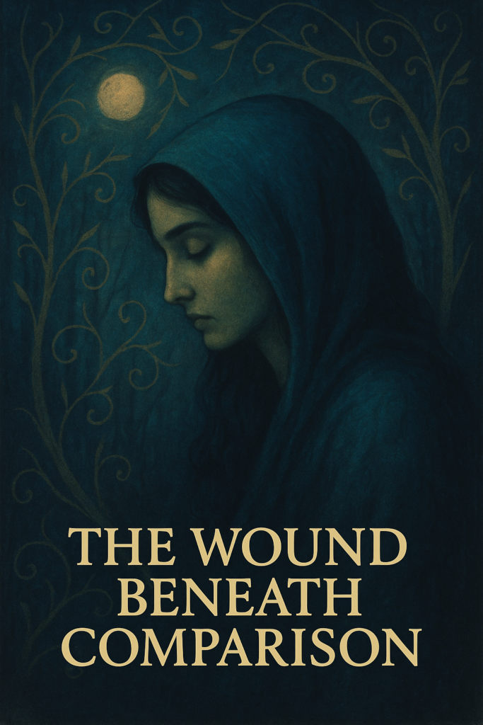 A mystical digital illustration showing a woman in profile, her eyes closed beneath a teal hood. Soft moonlight filters through swirling golden vines, illuminating her face with quiet sorrow. The image symbolises the Shadow Sister archetype and the hidden pain of comparison, evoking themes of humility, introspection, and emotional healing.