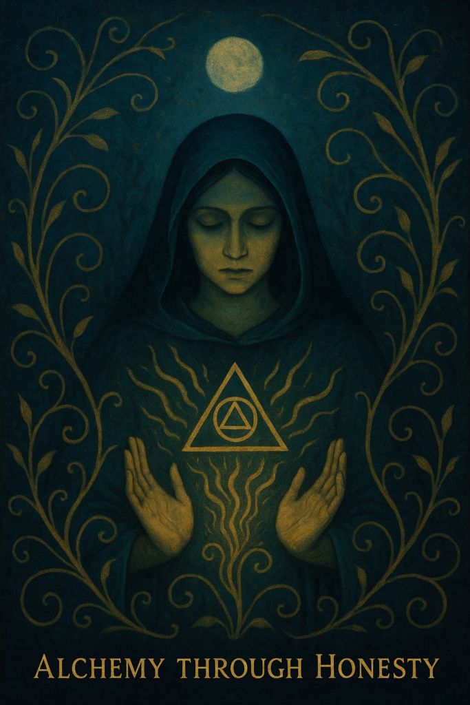 A mystical digital illustration depicting the Shadow Sister archetype in transformation. A woman in a teal cloak stands beneath a full moon, her eyes closed as golden light radiates from an alchemical triangle at her heart. Surrounded by curling vines, she represents the moment when shadow is transmuted into wisdom, the sacred alchemy that occurs through radical honesty and inner truth.