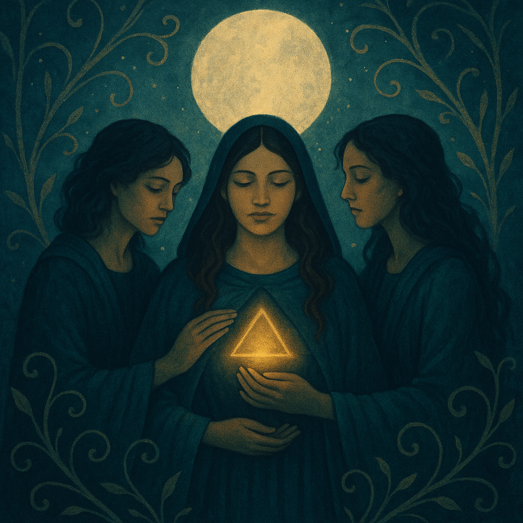 A mystical digital illustration portraying the collective healing of the feminine. Three women in deep teal cloaks stand beneath a luminous full moon, surrounded by golden vines. The central figure holds a glowing golden triangle at her heart, while the two others gently touch her with reverence. The image symbolises the transmutation of the Shadow Sister archetype into unity, compassion, and shared awakening through sacred sisterhood.