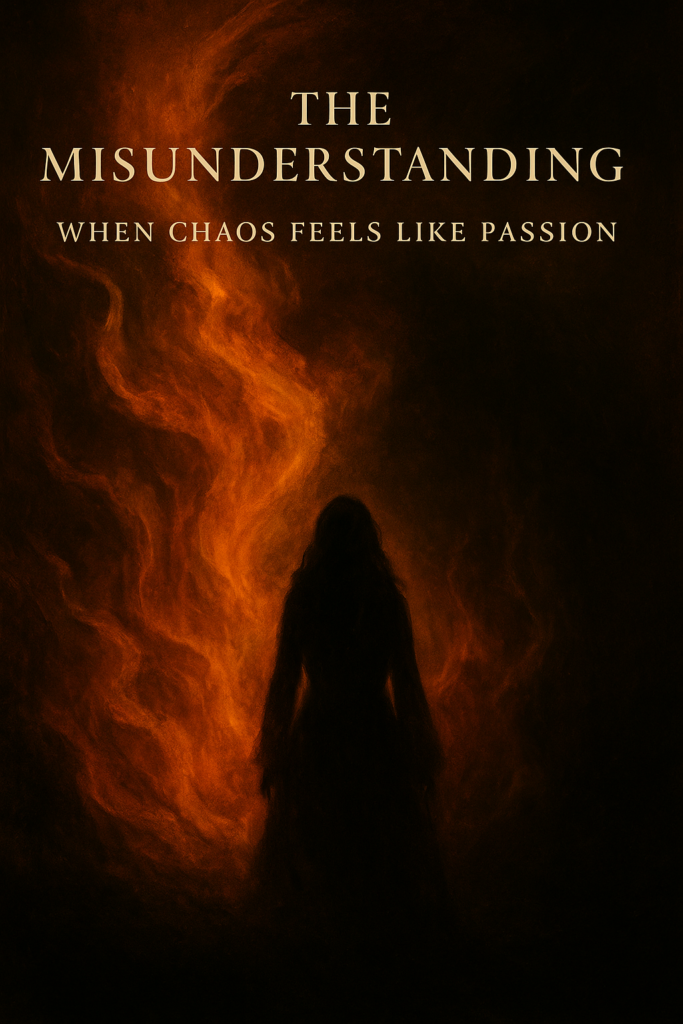 A mystical digital painting titled The Misunderstanding: When Chaos Feels Like Passion. A silhouetted woman stands before swirling orange flames that merge into deep black shadow, symbolizing the tension between chaos and calm. The scene captures the feeling of mistaking chaos for excitement, embodying the fiery intensity of passion contrasted with the quiet power of stability.