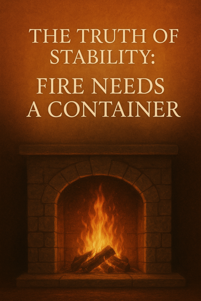 A warm, mystical digital artwork titled The Truth of Stability: Fire Needs a Container. The image features golden serif text above a glowing stone fireplace holding a steady flame. The fire symbolizes passion contained within stability, visually representing the article’s theme of transforming chaotic energy into grounded, sacred power.