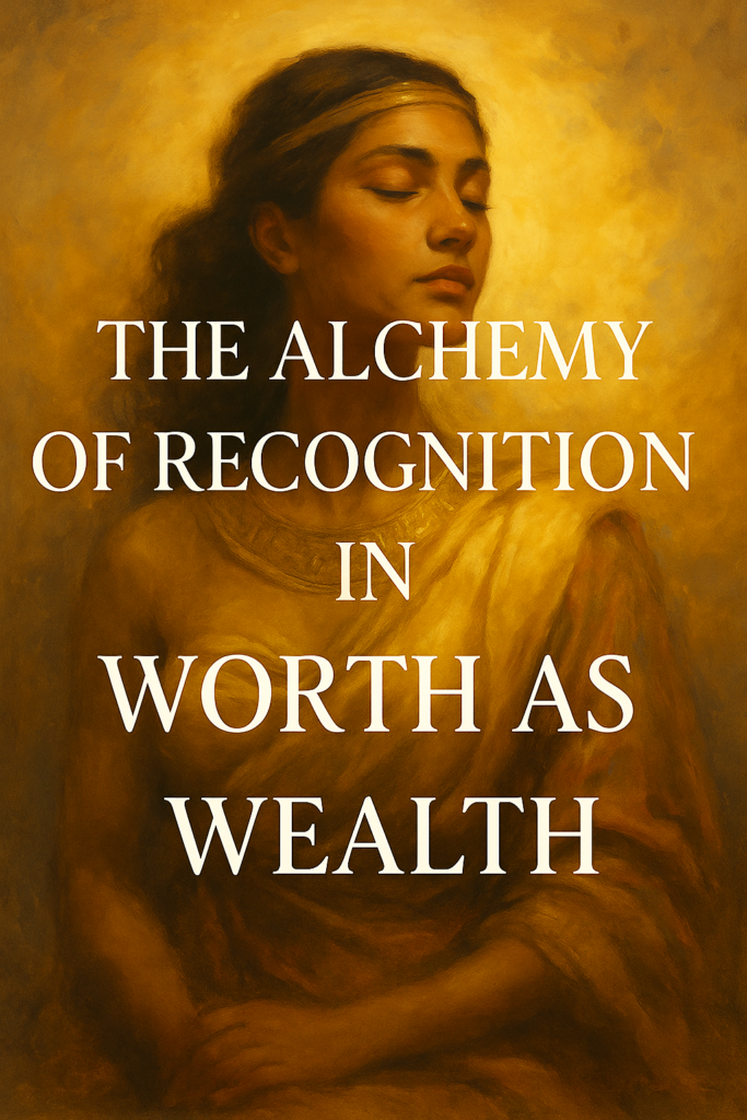 Digital artwork of a serene woman with golden light radiating from her chest, symbolising inner illumination and transformation. The image represents the Alchemy of Recognition in Worth as Wealth, where self-worth becomes a luminous force that transforms energy into abundance